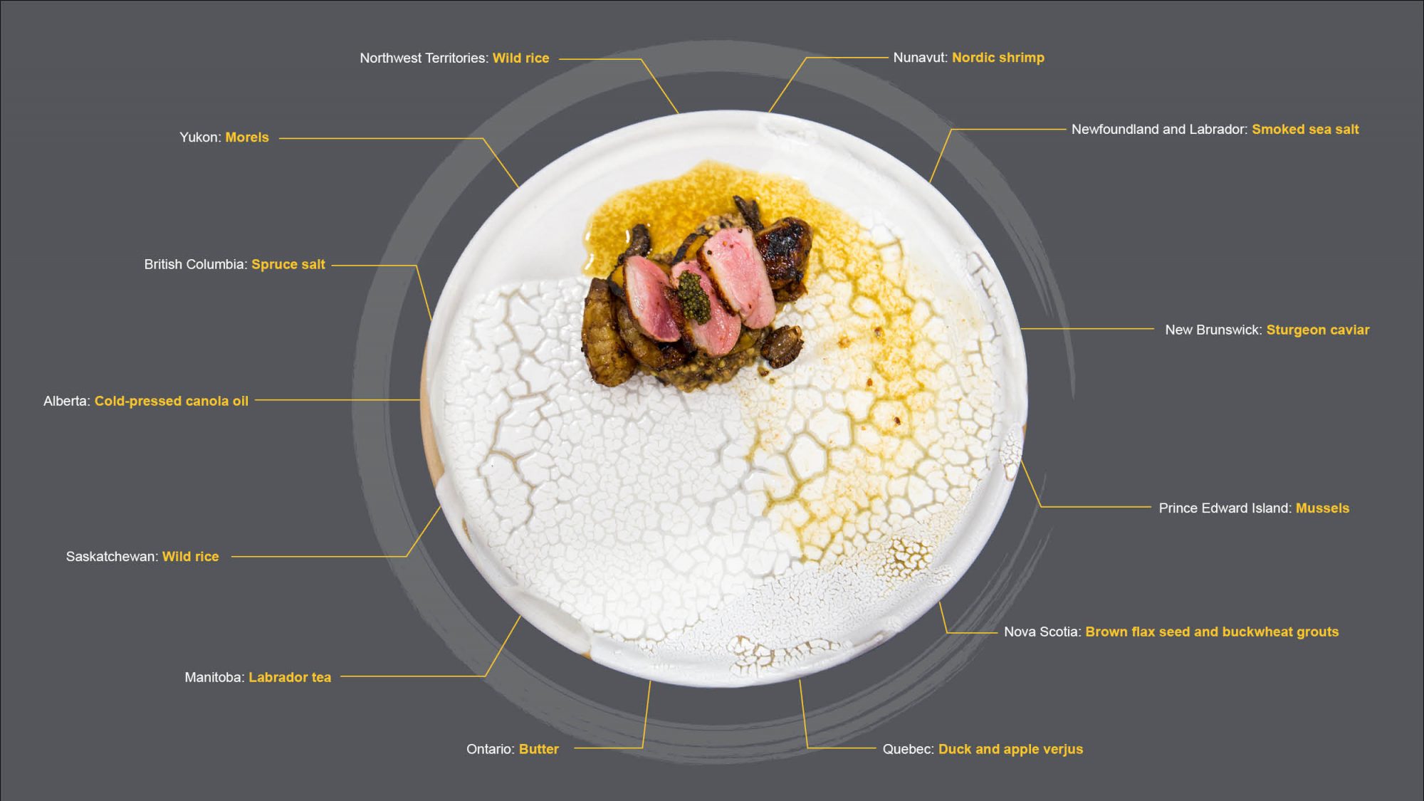 A diagram including an image Chef Josh's plate, with text references to each ingredient and where they are from. Ingredient lists at the bottom of the webpage.