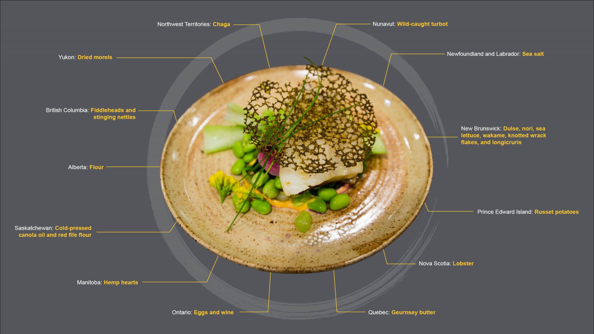 A diagram including an image Chef Laura's plate, with text references to each ingredient and where they are from. Ingredient lists at the bottom of the webpage.